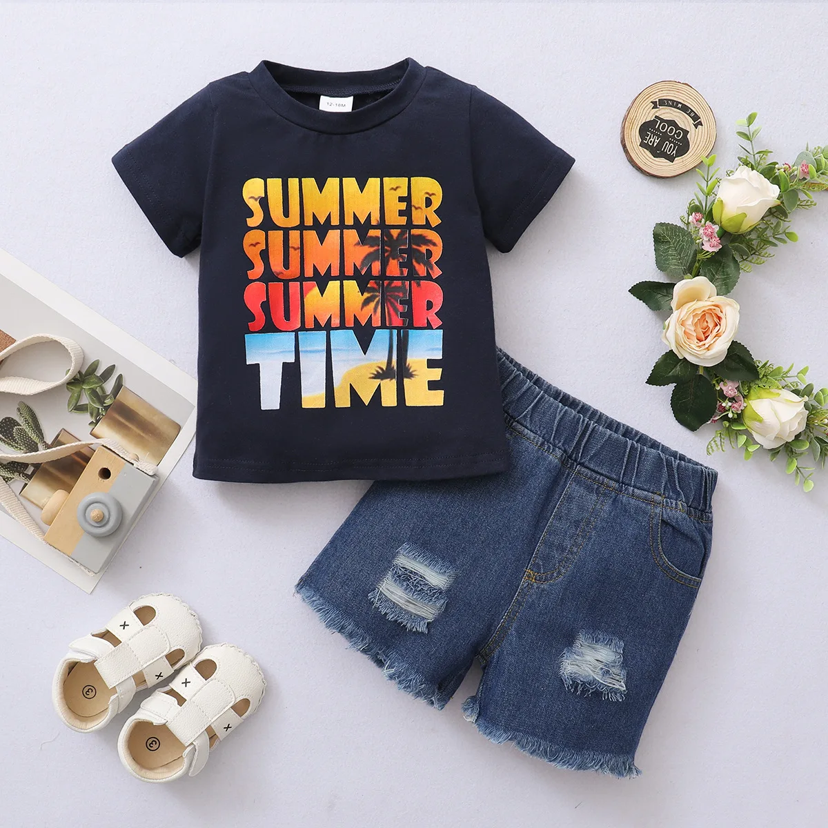 

Baby Boy Clothes Toddler Summer Outfits Infant Letter Print T-shirt Solid Break Hole Denim Shorts 2pcs Set Children's Clothing