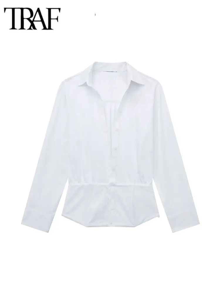 

TRAF 2023 Women Spring Summer Blouse Cropped Shirts Women Vintage Long Sleeve Button-up Female Blouses Chic Tops