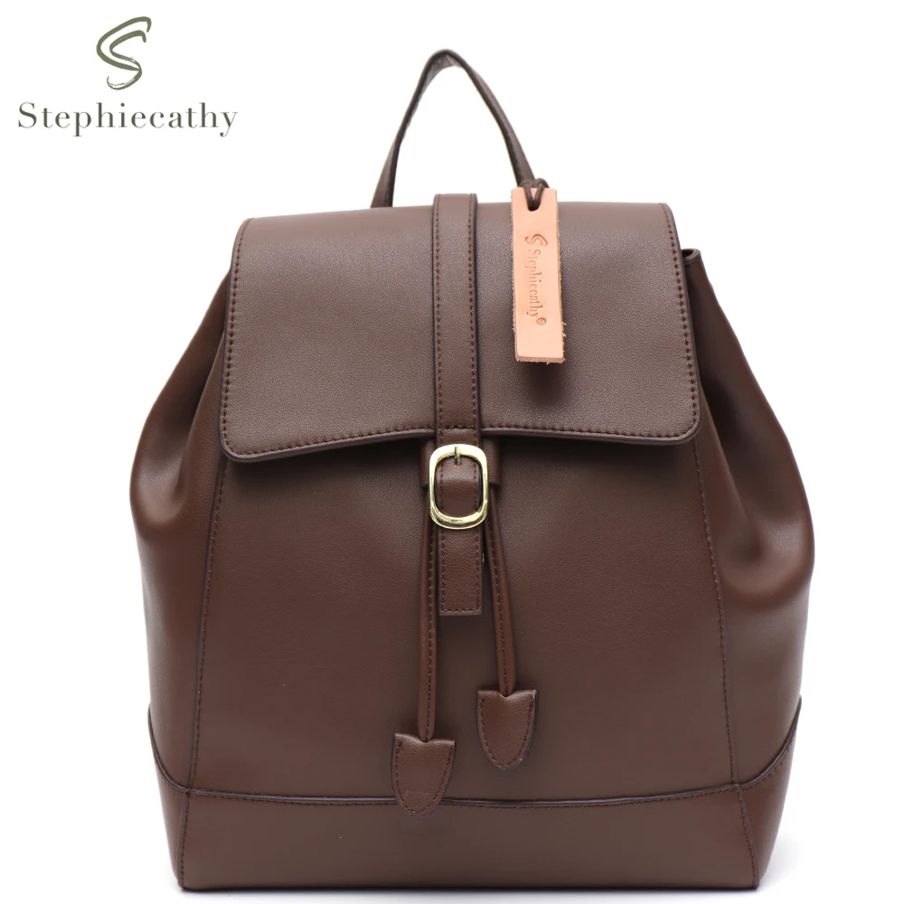 SC Daily Casual Genuine Leather Backpack Women Vintage Cow Skin Buckle Flap Drawstring School Shoulder Bag Large Travel Knapsack