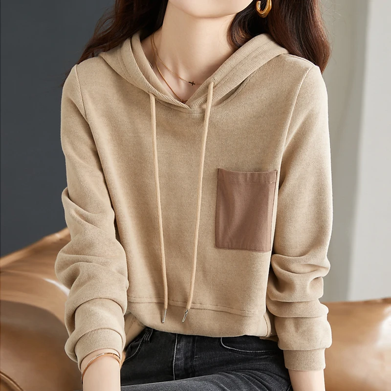 

Patchwork Women Sweatshirts Winter 2022 Fashion Pocket Hoodies Long Sleeves Loose Hooded Korean Large Size Winter Clothing