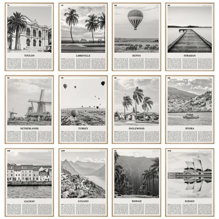 Ретро Сидней Картина на холсте "Город Черно-белых Кокосовых Деревьев" постеры и печати Нордический постер и изображения для декора гостиной.