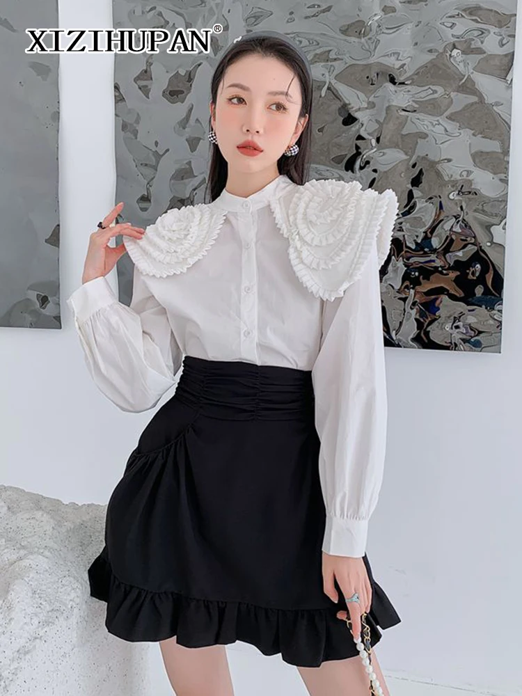 

Повседневная тонкая однотонная элегантная рубашка XIZIHUPAN в стиле пэчворк, женская модная блузка с отложным воротником и длинным рукавом для ...