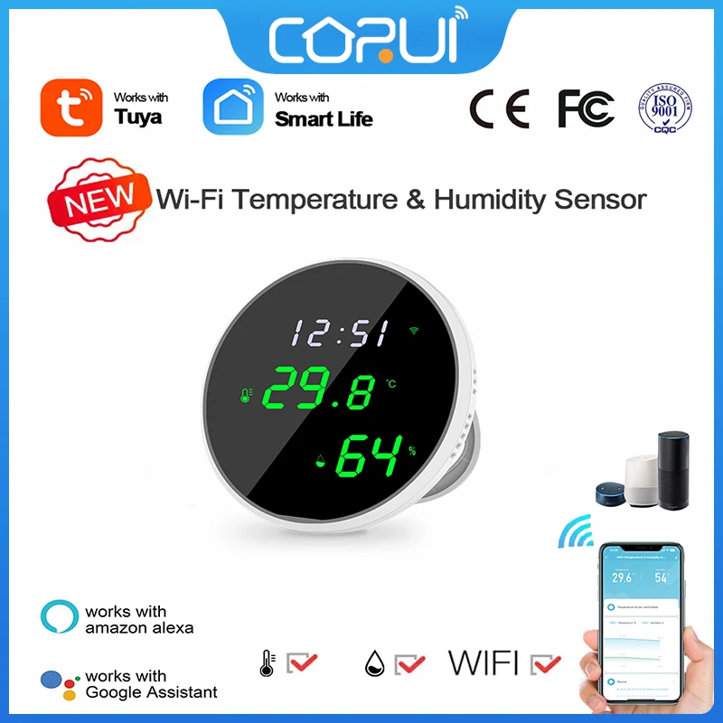 

Смарт-Метеостанция CoRui Tuya, Wi-Fi, датчик температуры и влажности с ЖК-дисплеем, Цифровая Сигнализация Push Smart Life