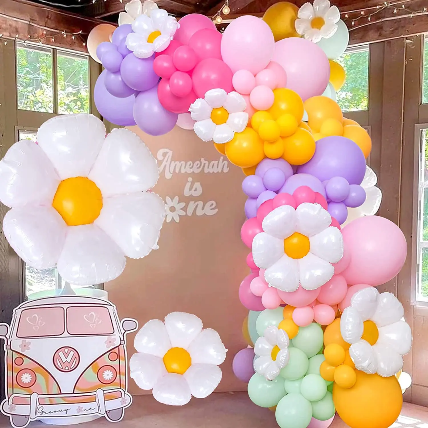 

125PCS Little Daisy Party Balloon Set For Children's Birthday Baby's First Birthday Daisy Arch Balloon Chain Decoration