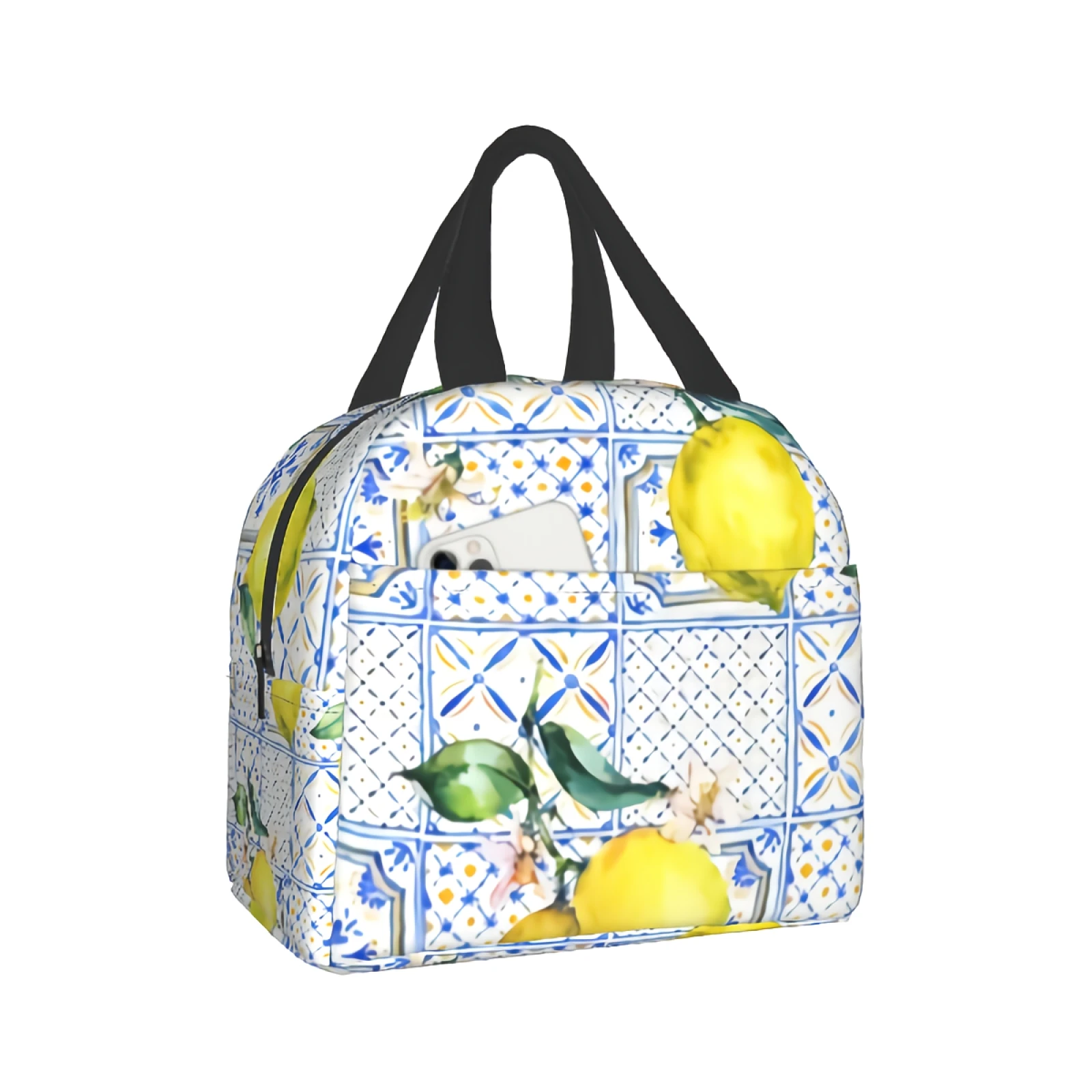 

Сумка-тоут женская для ланча, изолированная Сумочка с акварелью, лимонным фруктом, текстурой желтого и синего цвета, моющийся тропический ф...