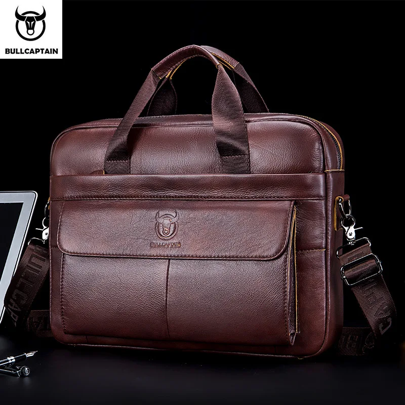

BULLCAPTIAN First Layer Cowhide Briefcase Laptop Bag 14 Inch Leather Shoulder Bag Business Work Bag Men's handbag