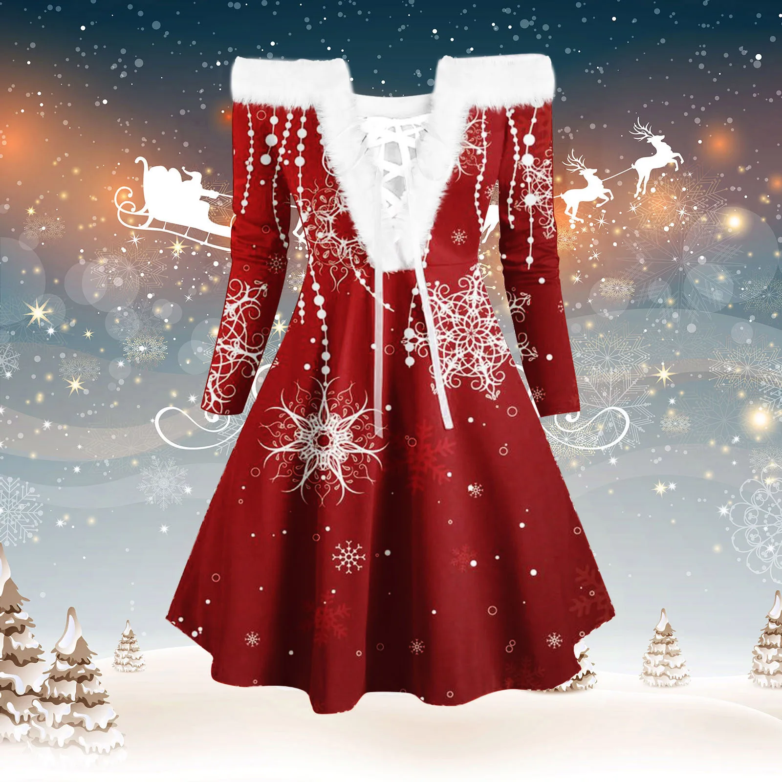 

Women Christmas Dress Fluff Collar Lace Up Off Shoulder Dress Santa Claus Snowflake Print Xmas Party Rockabilly Dress Vestidos