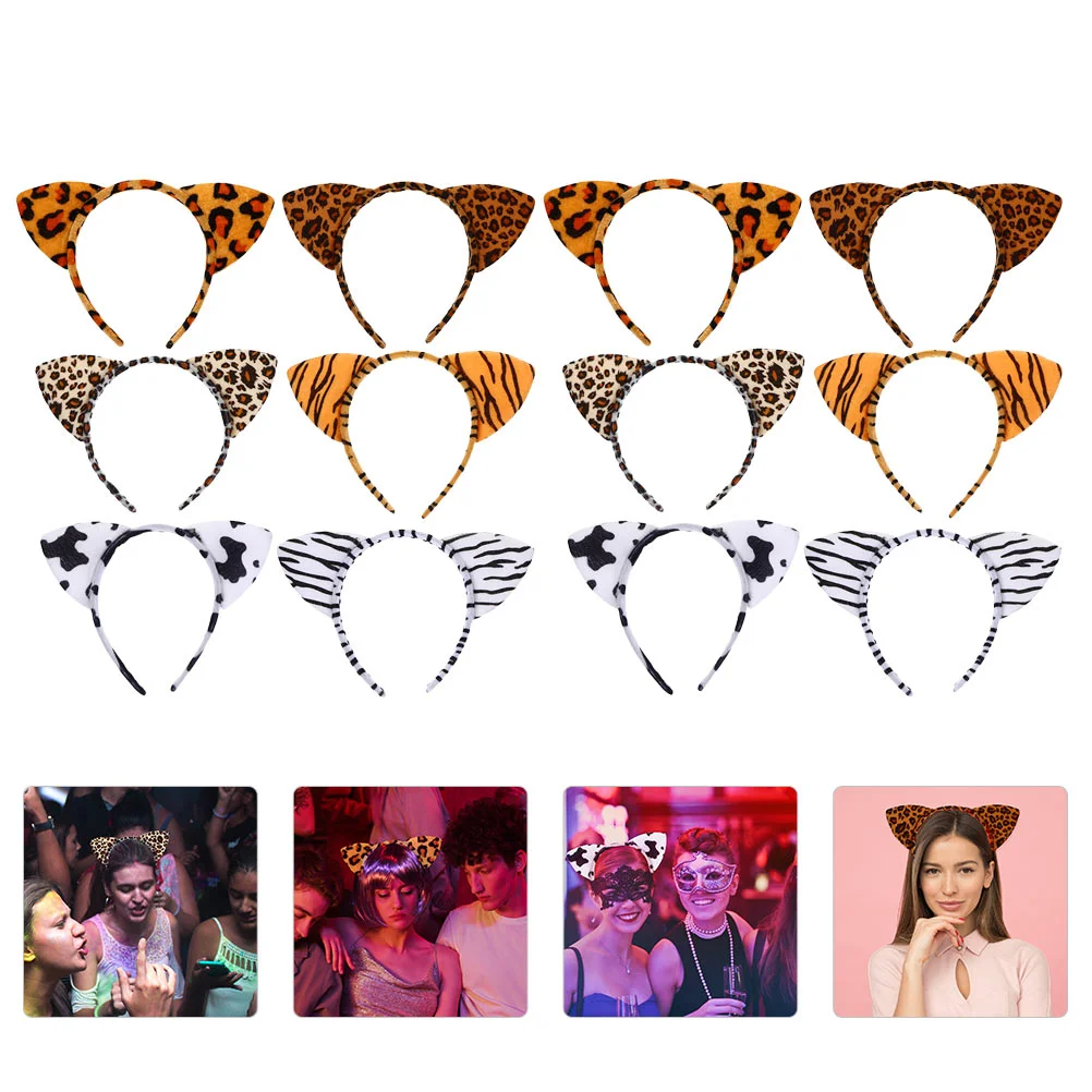 12 Pcs Cow Ear Headband Cosplay Hair Hoop Headphone Womens Earrings Set Decorative Leopard Ears Costume Headbands