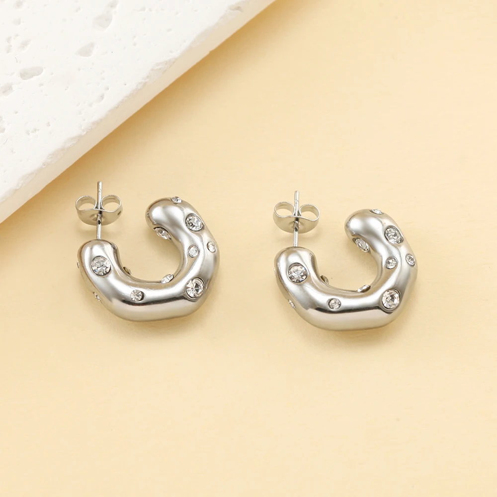 Edelstahl Gold Farbe Silber Farbe Creolen für Frauen C-Form geometrische Ohrringe Inlay Zirkon neu in Koreanisch – Detail 5