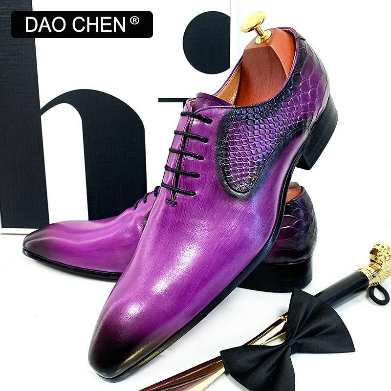 Zapatos OXFORD de diseño de lujo para hombre, calzado de vestir con cordones, Punta puntiaguda, piel auténtica de serpiente, color morado y negro