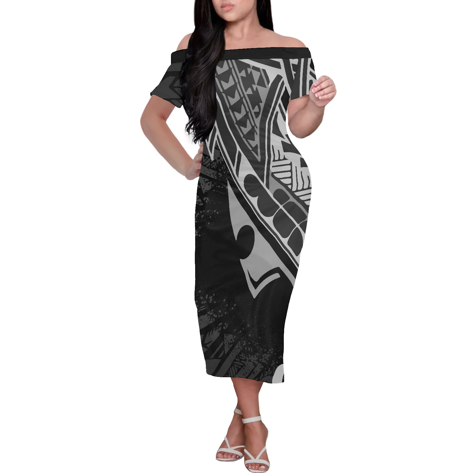 

Фиолетовое банкетное платье с открытыми плечами и короткими рукавами, женская летняя одежда, полинезийское платье с графическим принтом в ...