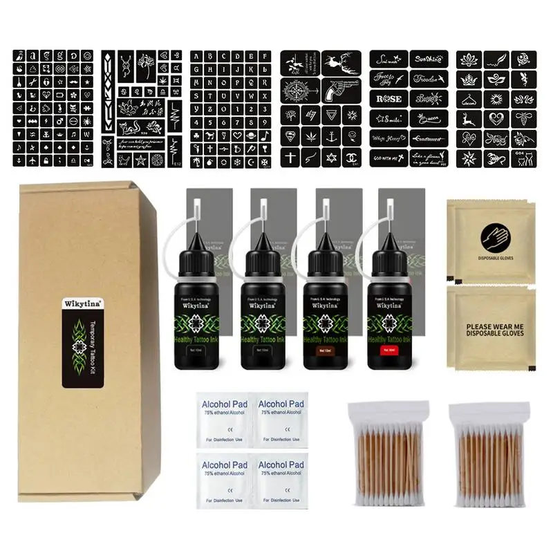

Temporary Tattoo Kit Semi-Permanent Tattoo Set With 171 Pcs Free Tattoo Stencils Full Kit 4 Bottles For Body Painting Art Tools
