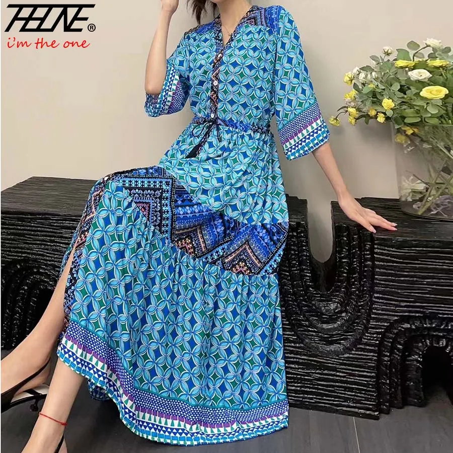 

THHONE Indian Dress Women Vestidos Robe Maxi Long Casual Beach Korean Floral Cotton Linen Summer Lace Up Boho Bohemian Dresses