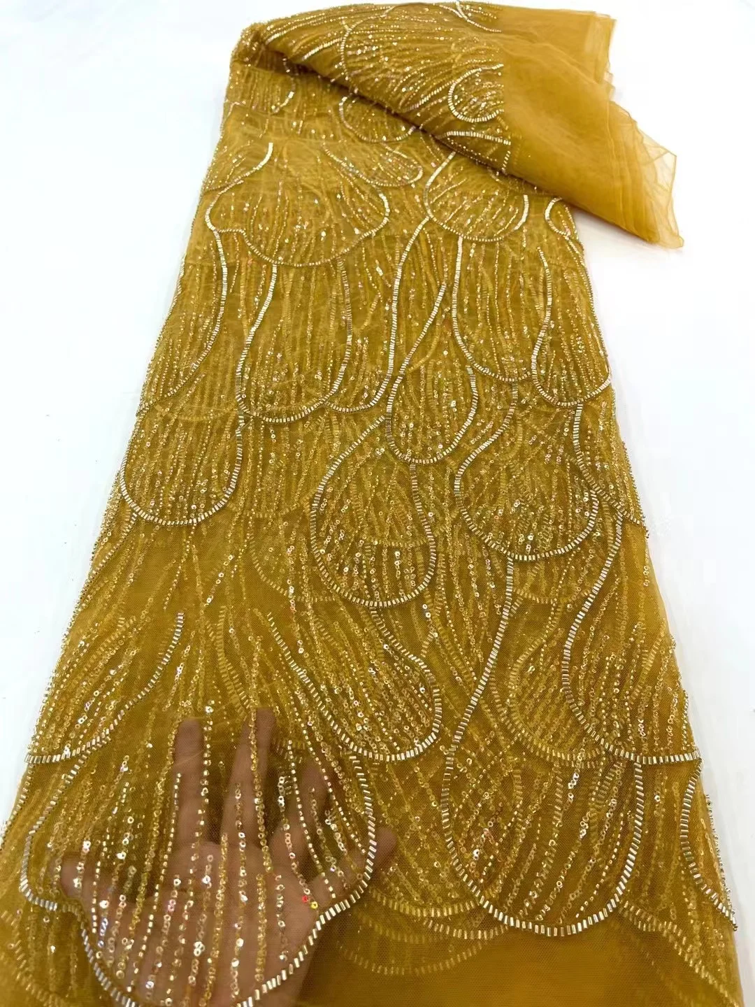 

African Beaded Groom Lace Fabric High Quality Embroidery French Mesh Sequins Nigerian Lace Fabrics For Party Wedding QF0101