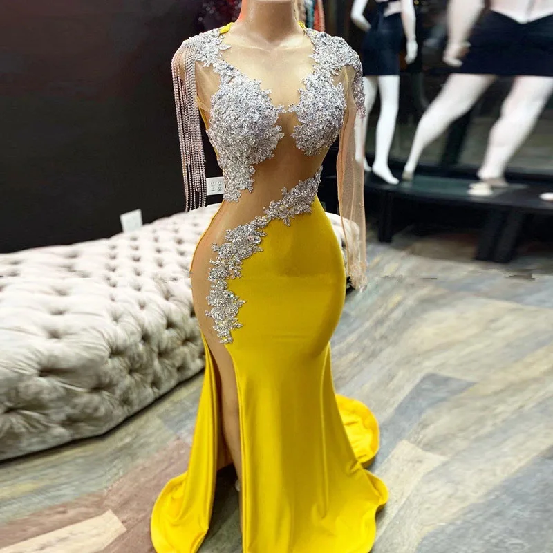 Sexy Yellow Prom Dresses 2022 Luxury for Black Girl Mermaid Illusion Bead Long Sleeve Tassel Evening Gowns Graduation Gala Dress