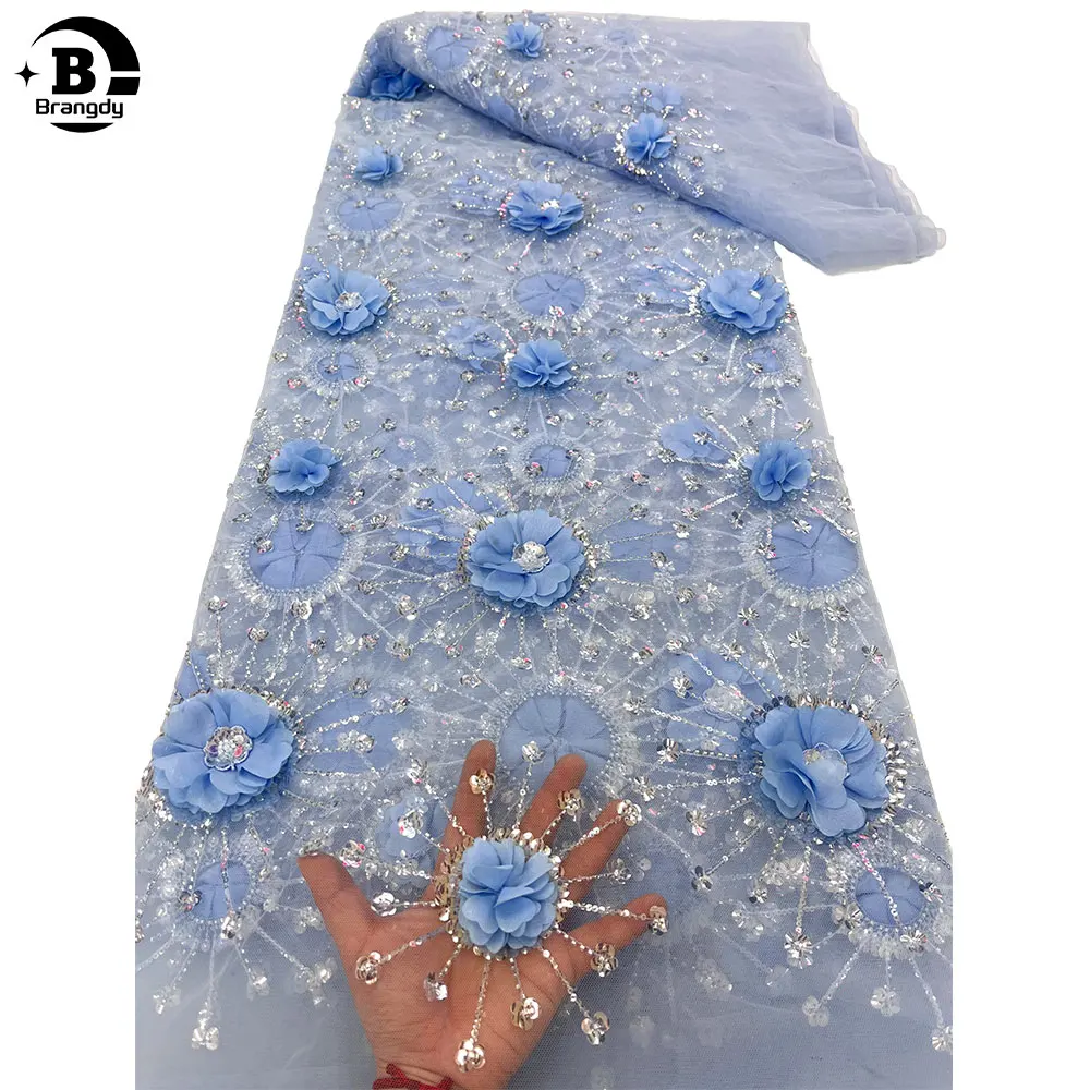 Кружевная ткань с блестками трения Высококачественная вышивка 3D Цветочная