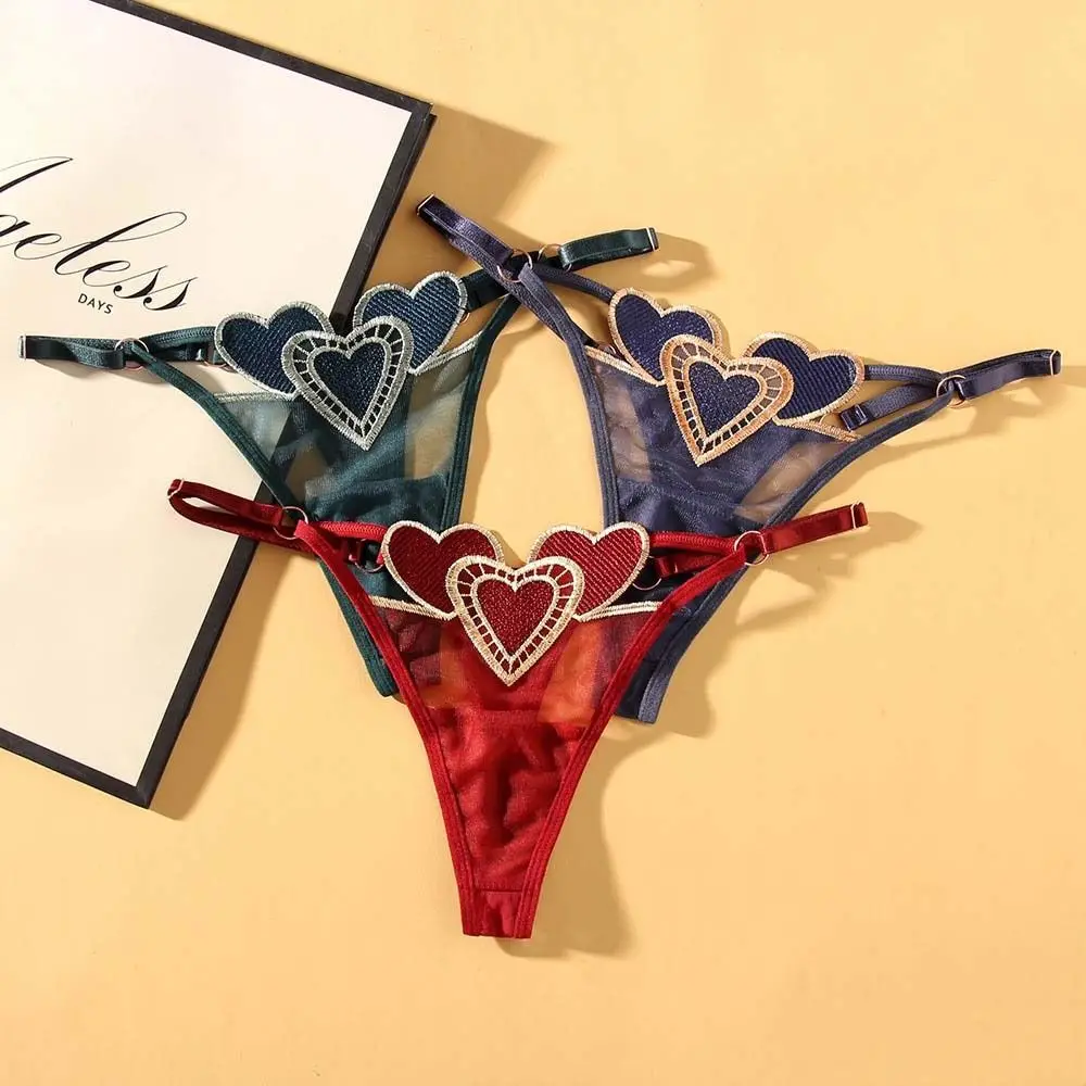 

Sweet Embroidery Love Heart Panties Sexy Transparent Lace Adjustable Strap Low Waist Underwear for Female Lingerie