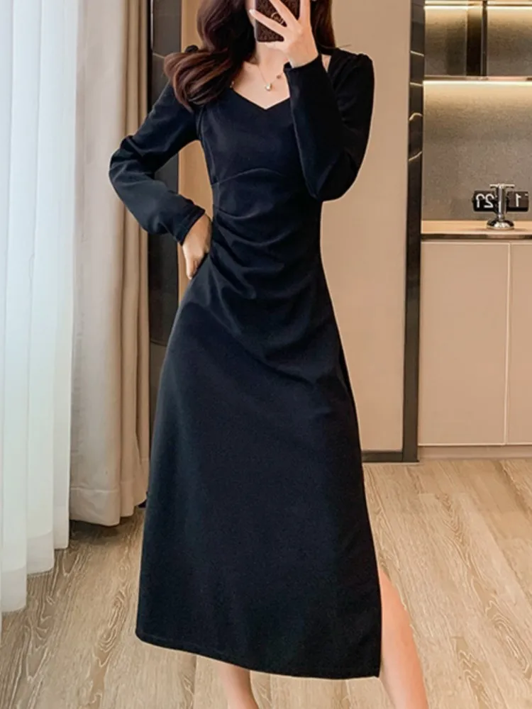 Винтажное облегающее женское модное черное красное платье с длинным рукавом