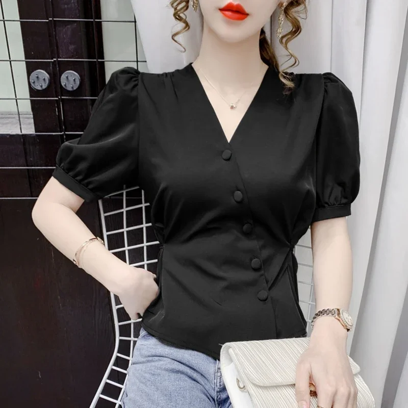 2024 Модные летние белые блузки с v-образным вырезом женские элегантные