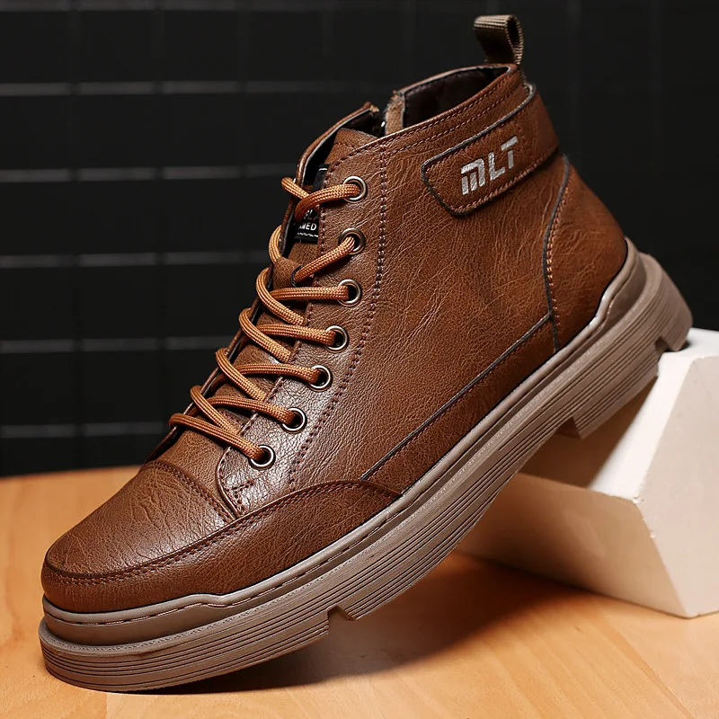 

2022 New Men's Casual Leather Shoes Non-slip High Top Lace-up Outdoor Waterproof Men's Shoes Fashion Men Platform Boots