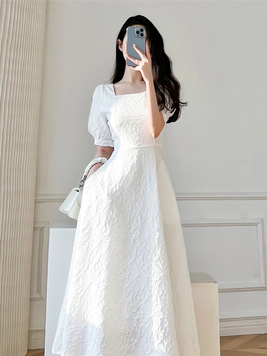 

RosEvans White Elegant French Style Print Dress 2023 New Women Summer Square Neck Puff Sleeves Vintage High Waist Gentle Long