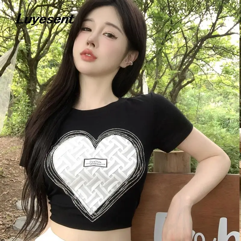 

Female Slim Short Length T Shirts 2022 Summer Y2K Girl Love Print Diamond O Neck T-shirt Black White Mujer Skinny Sexy Crop Top