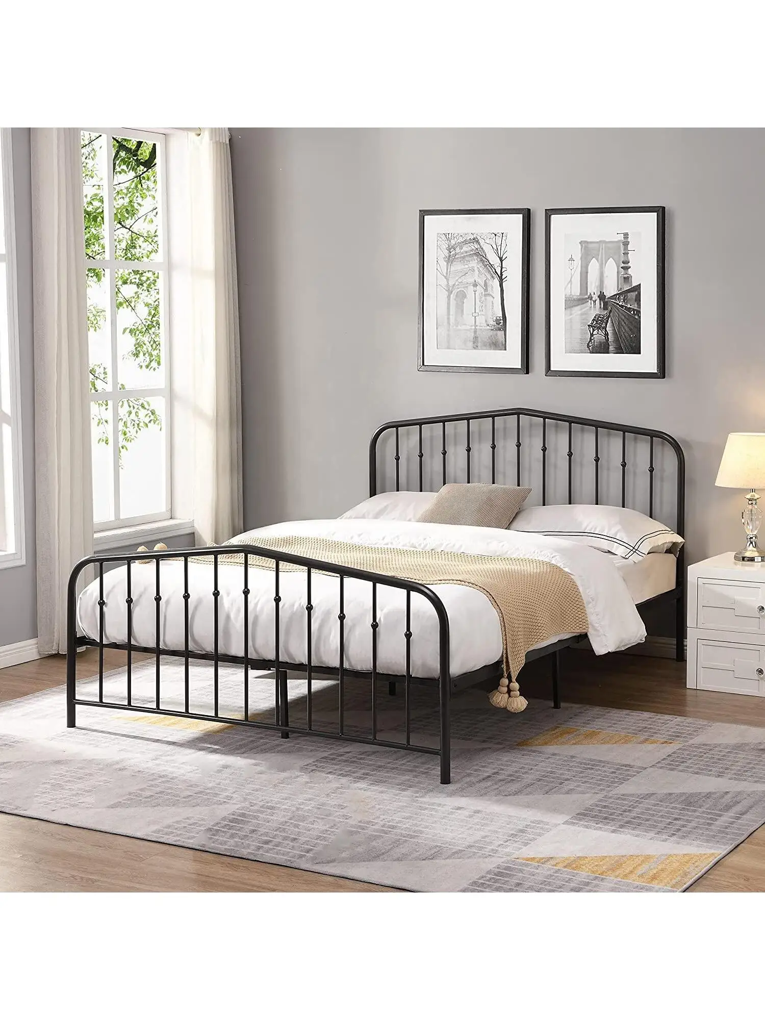 Mattress Foundation, Queen Size Bed Frame With With Vintage Headboard And Footboard