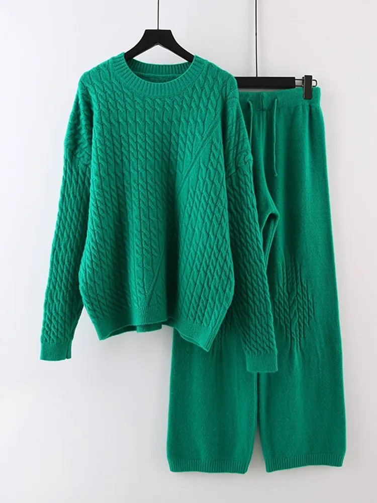 Autumn And Winter New Knitting Suit Women's Two-piece Sweater Large Loose Knitting Wide Leg Pants