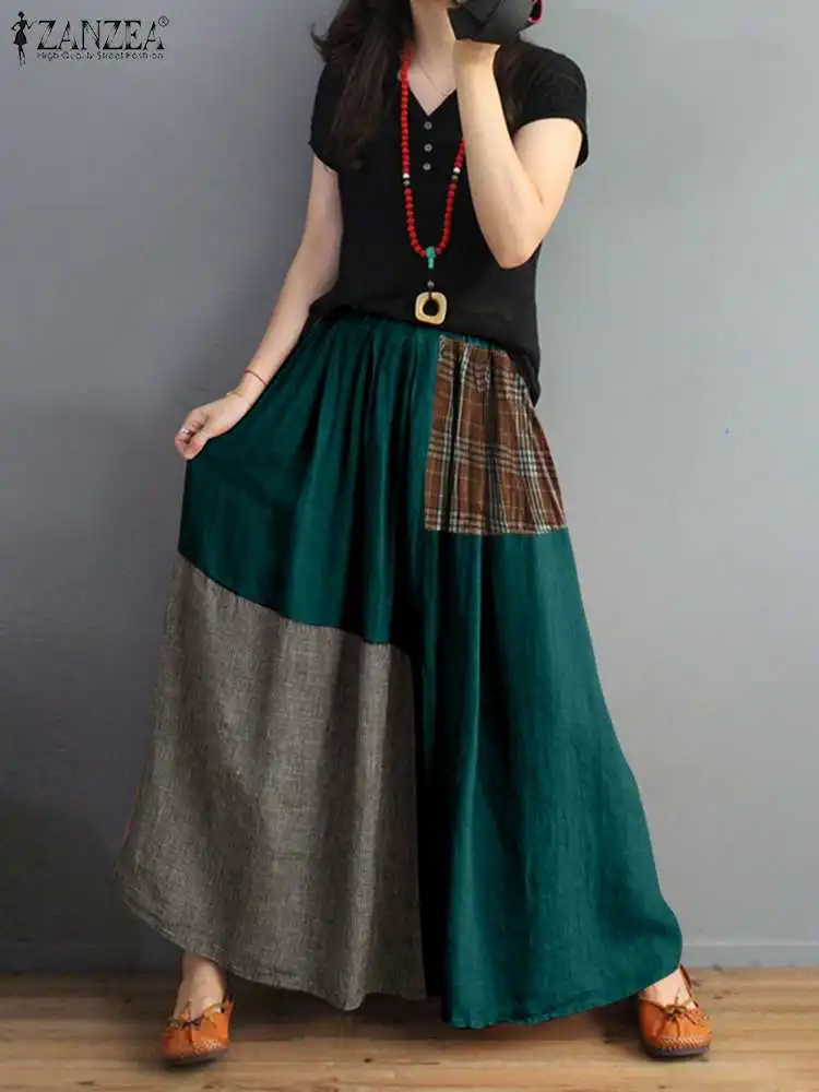 

ZANZEA Women Asymmetrical Skirts 2023 Summer Casual Maxi Jupes Retro Ladies Patchwork Sundress Short Sleeve Falda Femme Oversize