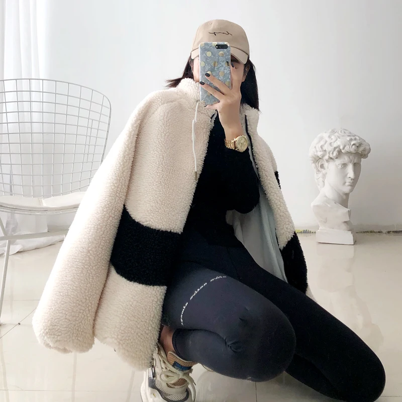 Women's Boyfriend Style Striped Pattern Coats Winter Thick Warm Loose Woolen Coat 2023 Faux Fur Jackets Female Casual Outerwear