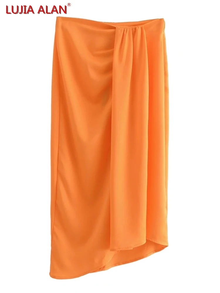 Women Fold Design Side Slit Midi Straight Skirts Summer Solid Female High Waist Loose Clothes LUJIA ALAN P2795