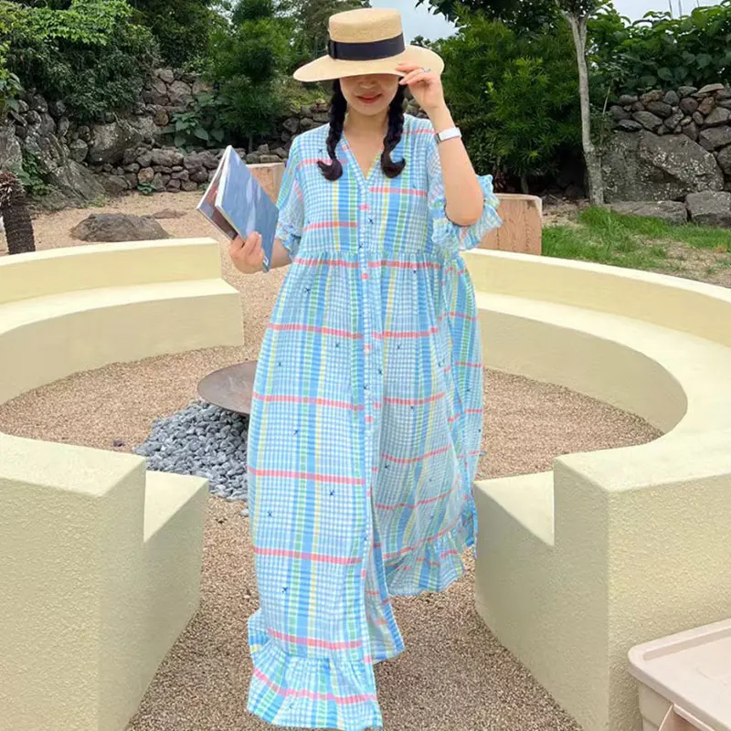

Clothland Women Elegant Plaid Midi Dress V Neck Short Sleeve Checkered Sashes Summer Cute Mid Calf Dresses Vestido QB853