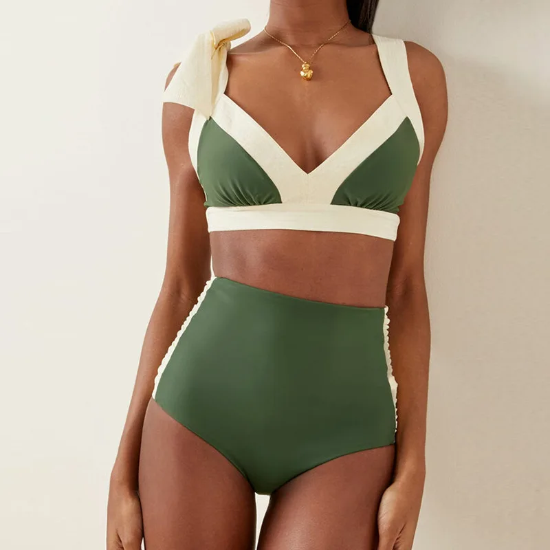 

Swimwear Womens Solid Color Triangle Two Piece Swimsuit Ruched Tankini Plus Size Swimsuit Sexy Colorblock Vintage Belly Bodysuit