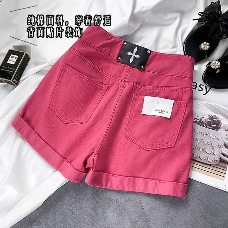 2023 Summer New Design Sense Large Size Denim Shorts Women's Rose Red High Waist Slim Straight Leg Pants Fashion