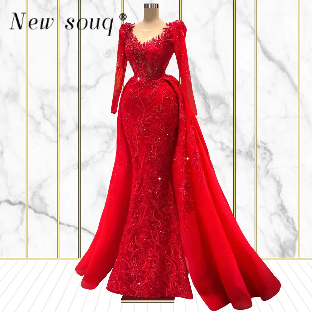 

Arabic Muslim Red Mermaid Lace Evening Dresses 2 In 1 Overskirts Women Party Wear Prom Girls Gowns Colored Wedding Dresses