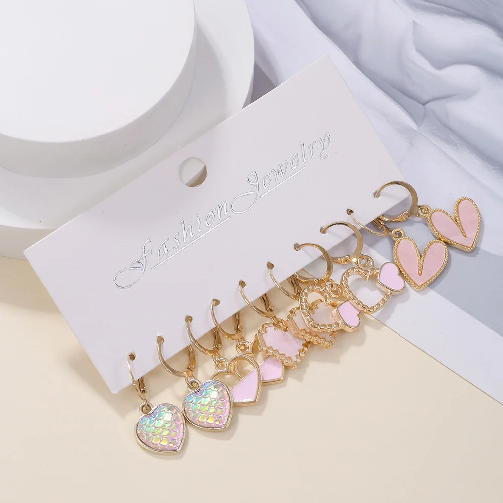 2023 Fashion 5 Pairs of Colorful Metal Drop Earrings for Women Set Sweet Butterfly Love Milk Tea Pendant Earrings Cute Jewelry