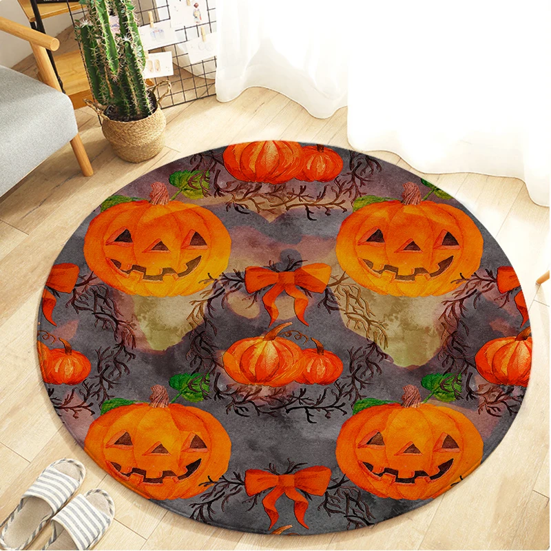 

Halloween Horror Round Rug Personalized Skull and Pumpkin Living Room Soft Flannel Absorbent Carpet Home Decorative Floor Mat