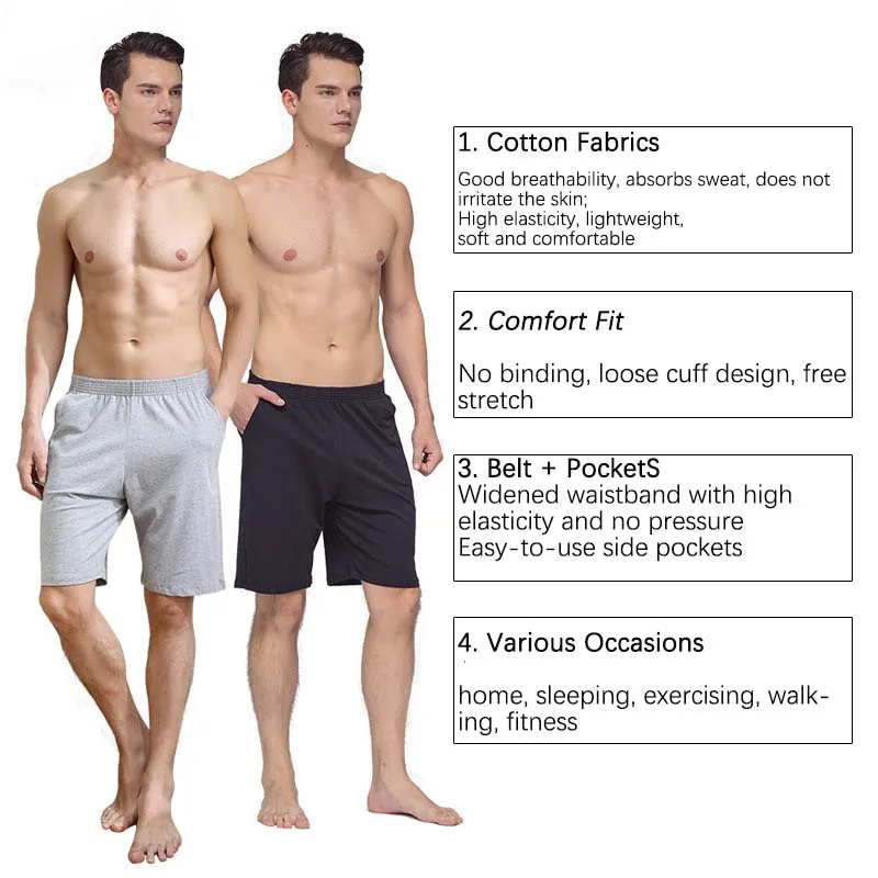 Men's Sleep Bottoms Casual Summer Pajamas Shorts Straight Solid Loose Stretch Waist Cotton Homewear Man Breathable  Sport Shorts