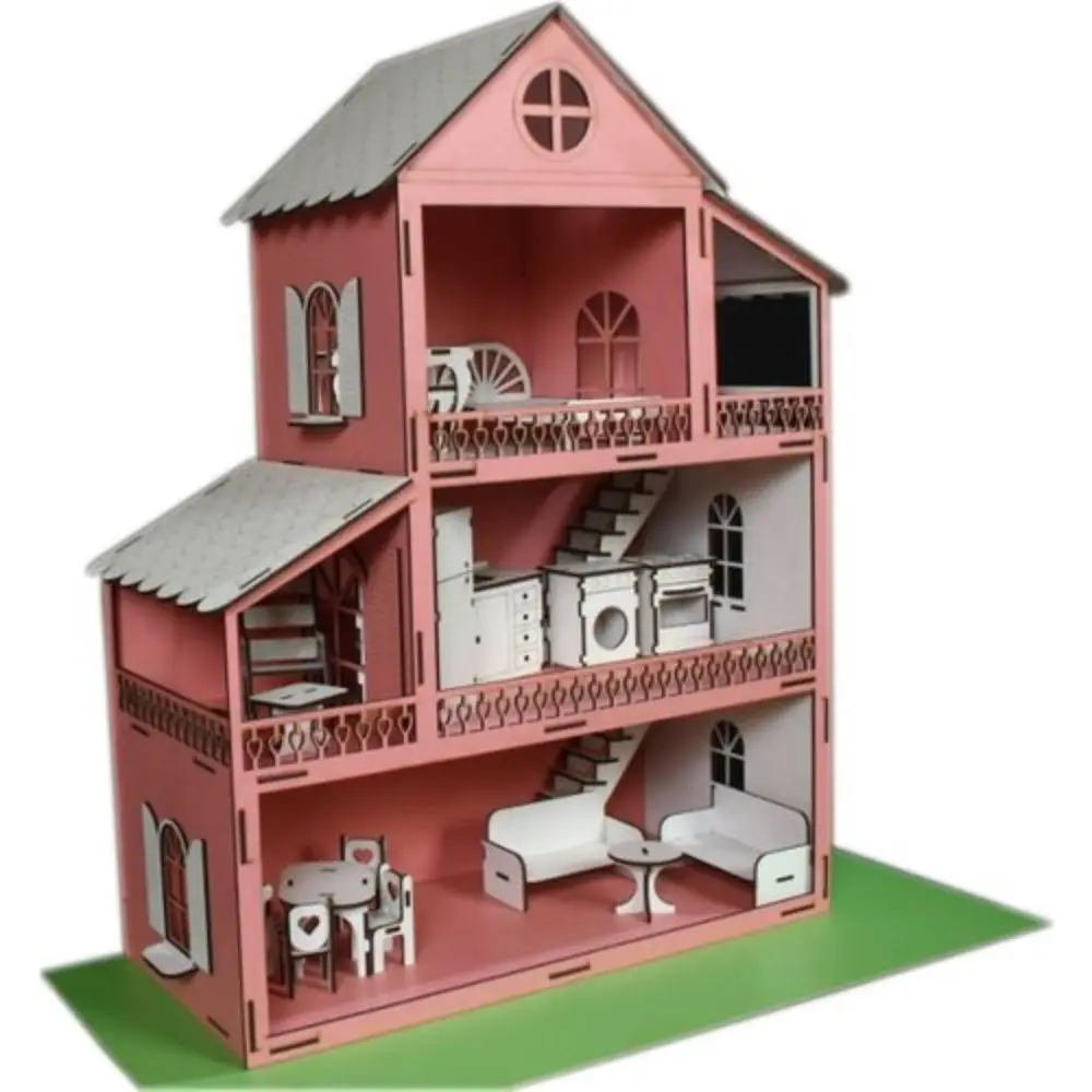 Wooden Game Pink House 18 Parça Furnished 3 mm MDF Material Made in Turkey Natural Product Gift