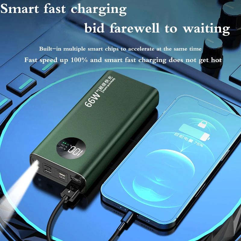 High-Capacity 60000mAh Power Bank PD66W Portable Charging External Battery Charger Digital Display with Flashlight for iPhone MI