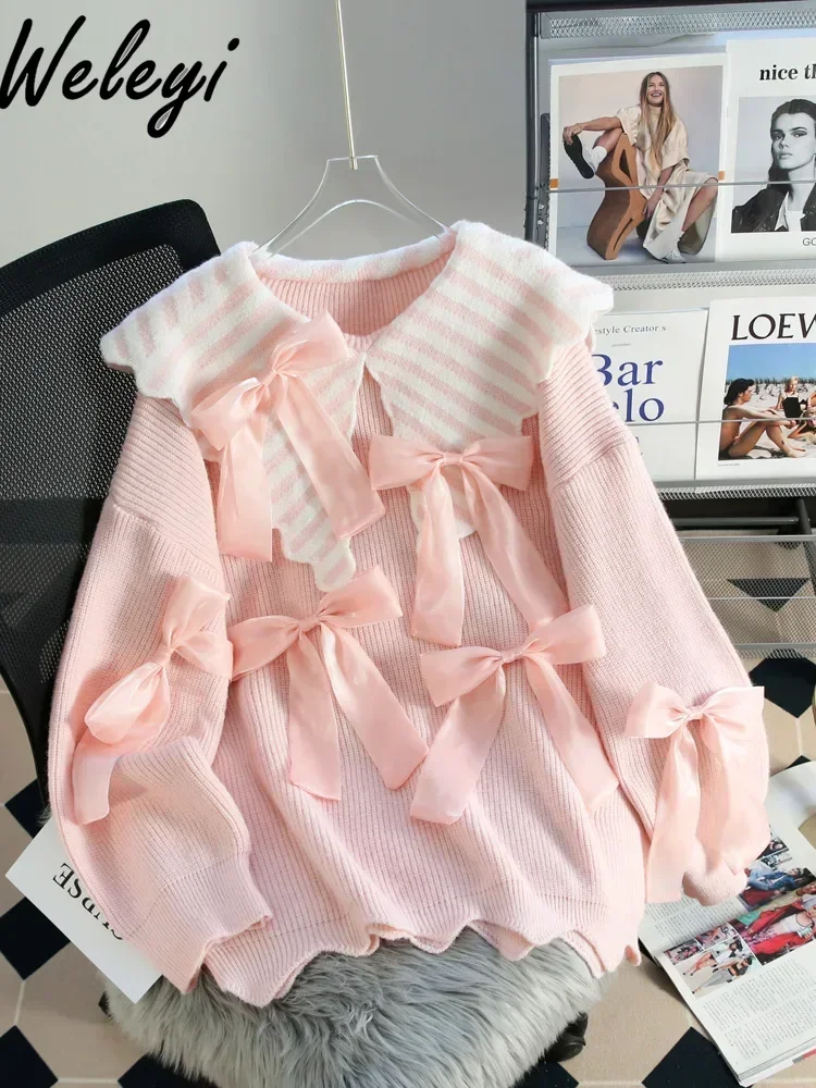 Нежный женский кукольный воротник с бантом розовый свитер теплые топы женские