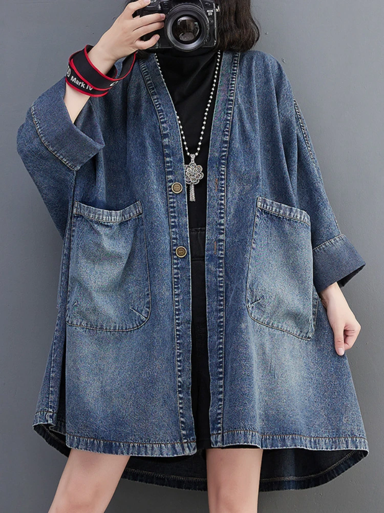 

Jackets for Women 2023 Spring Autumn Vintage V-neck Pocket Denim Jacket Loose Oversized Trench Coats Top Blue Jean Jacket Woman