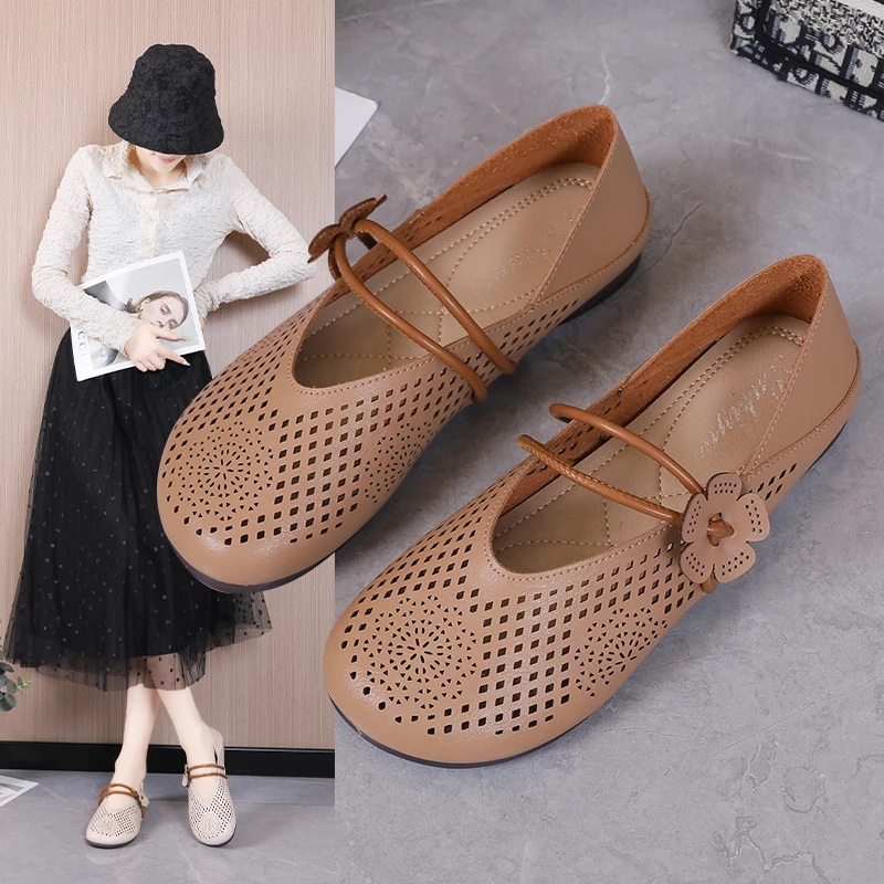 

Женские туфли на плоской подошве, летняя дышащая однотонная удобная повседневная обувь с круглым носком, цветочным рисунком и мягкой подош...