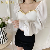 n girls blusas mujer de moda autumn slim sexy chain puff long sleeve shirt women white top fashion korean chic black blouse crop