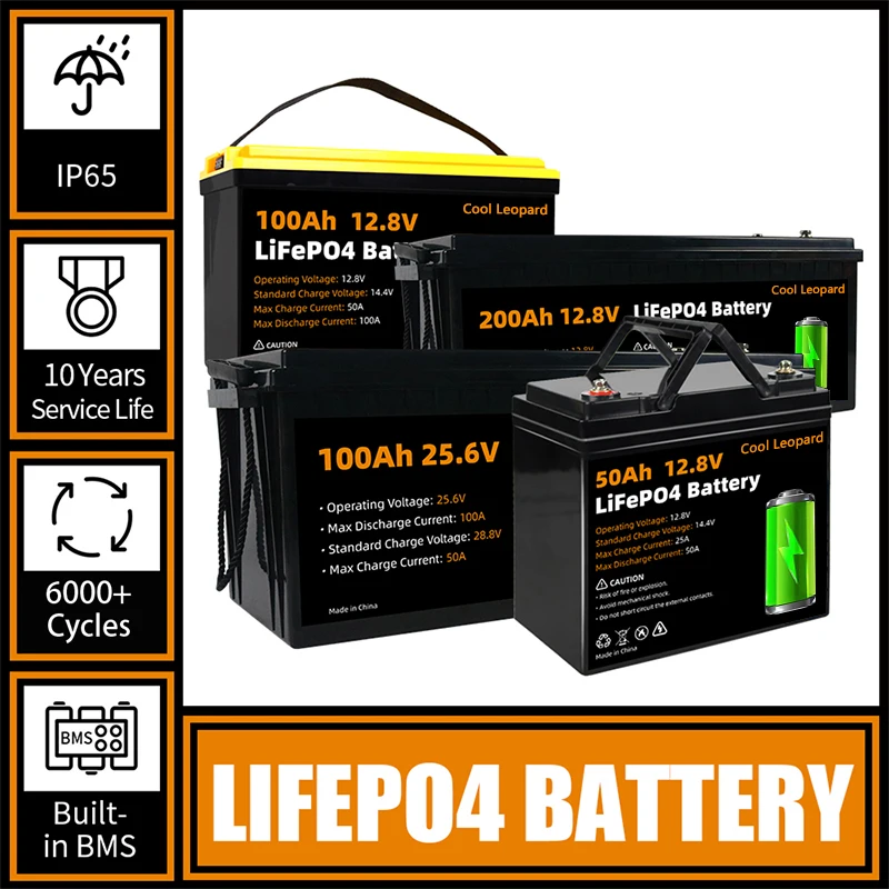 

12V 24V 50Ah 100Ah 200Ah LiFePo4 Battery Pack Built-in BMS,for RV Boats Motor Forklift Replacement Rechargeable Battery