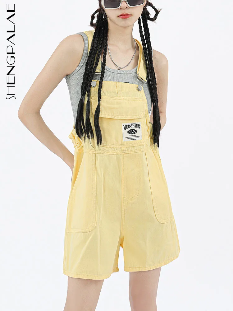 

SHENGPALAE Dopamine Style Yellow Denim Overalls With Button Vivid Versatile Temperament Mini Short Summer 2023 New Clothes R4799