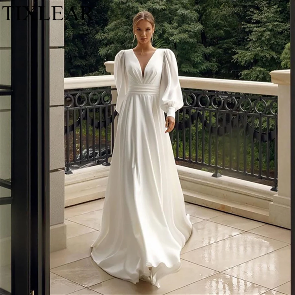 

Doymeny A-Line Wedding Dresse V-Neck Chiffon Ruched Long Lantern Sleeves Court Train Simple 2023 Bridal Gown Robe De Mariage