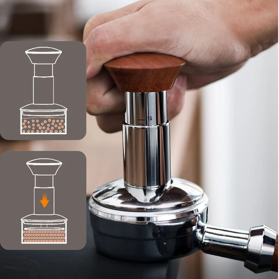 

Coffee Pressure Tamper Espresso Distributor Stainless Steel 30lbs Force Powder Press Thread Base Hammer Coffee Supplier