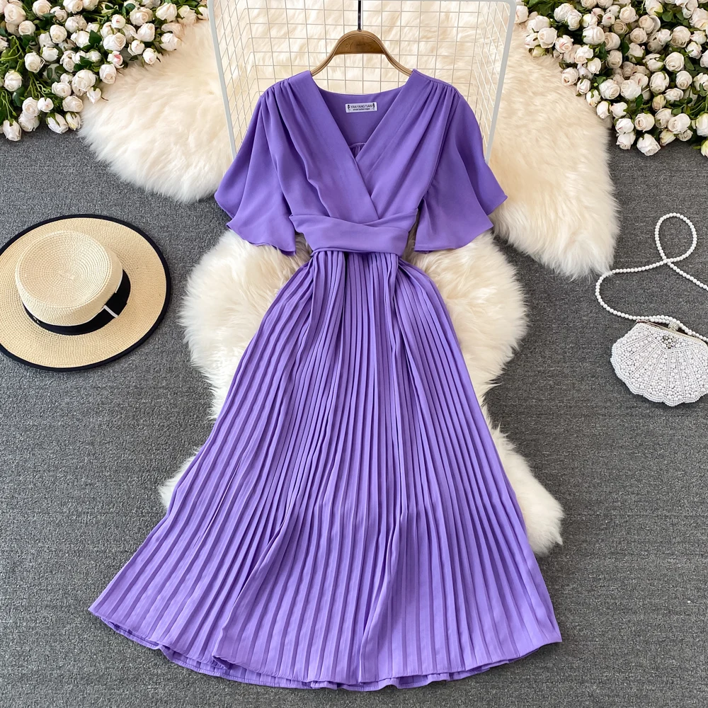 

2022 Summer New V-neck Short-sleeved Dress Knee-length Slim Temperament Elegant Waist Tie Pleated Long Skirt Woman Dress