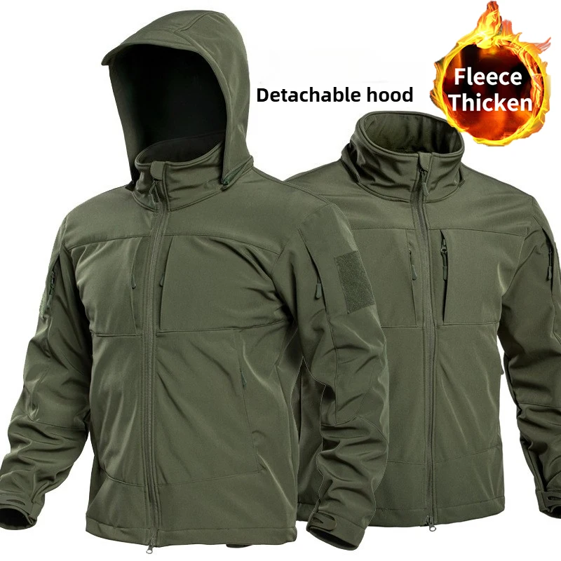 Фото Мужская военная тактическая куртка Special Ops Soft Shell, зимняя теплая куртка на флисовой подкладке со съемным капюшоном, ветровка для пешего туризма, сноуборда №1